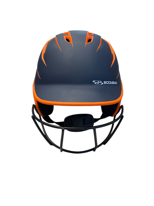 Vist Large View of Product Image Which is Used BoomBah BBH2SP N/O-SR Batting Helmet w/Mask Navy Blue And Orange M/L
