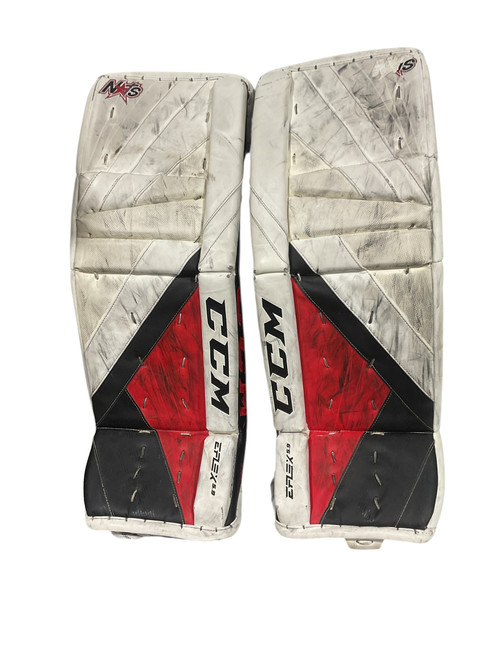 Vist Large View of Product Image Which is Used CCM EFLEX 5.9 Goalie Leg Pads Junior White 32"