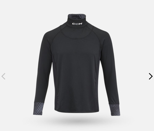 Vist Large View of Product Image Which is New CCM YOUTH SMALL NECK GUARD LS TOP BLACK