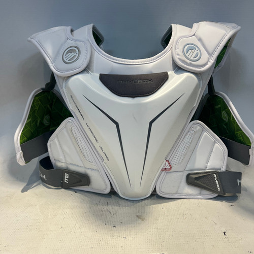 Vist Large View of Product Image Which is Used Maverik EKG MAX GOALIE CHEST PROTECTOR Lacrosse Shoulder Pads White MD