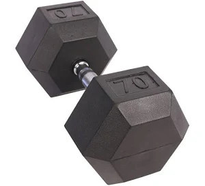 Vist Large View of Product Image Which is New RUBBER COATED HEX DUMBBELL 70LB 