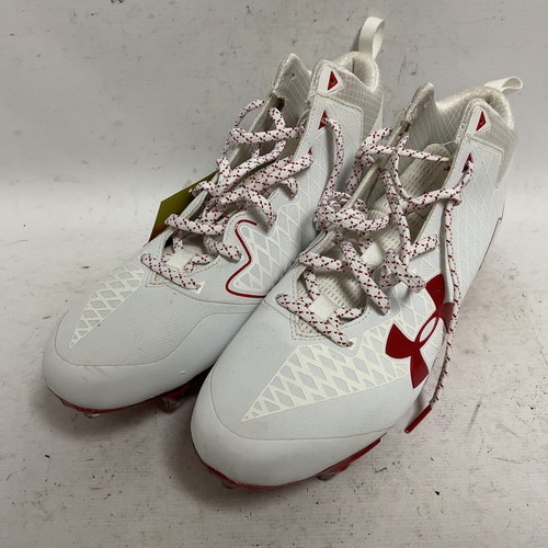 Vist Large View of Product Image Which is Used Under Armour Nitro Select 3091995-106 Adult FB Cleats White And Red Senior 12.5