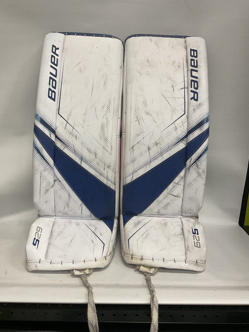 Vist Large View of Product Image Which is Used Bauer SURPREME Goalie Leg Pads Inter Navy And White 31"