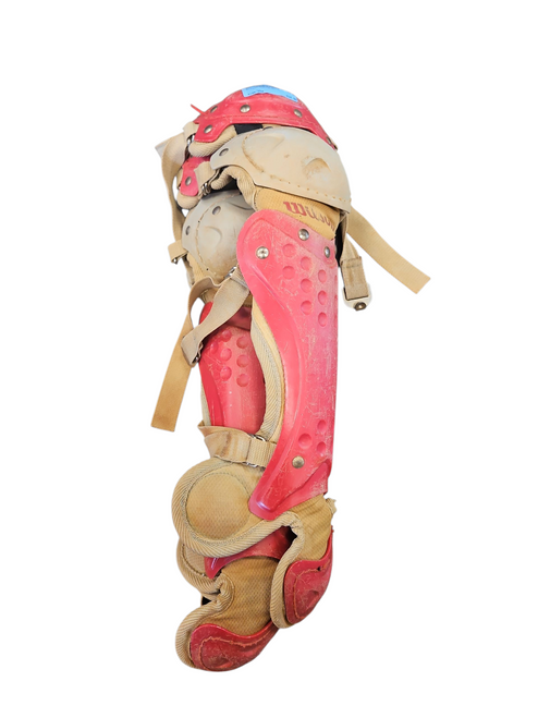 Vist Large View of Product Image Which is Used Wilson YOUTH 13IN RED Catchers Leg Guards Red Youth