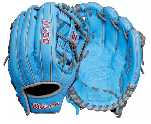 Vist Large View of Product Image Which is Used Wilson A500 BB/SB Glove RH Throw Carolina Blue 11" 11851-S000035500