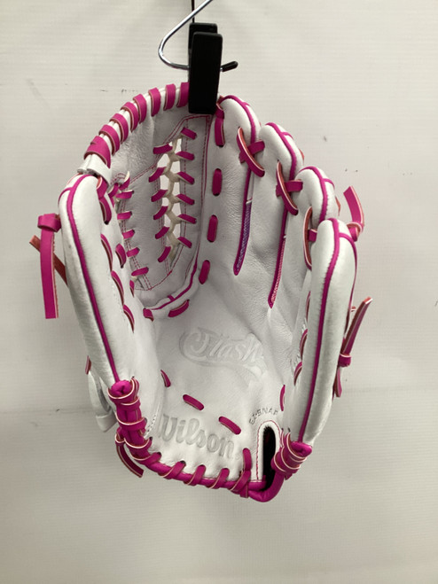 Vist Large View of Product Image Which is Used Wilson FLASH RH Throw Fastpitch Gloves White 12" 11851-S000035509