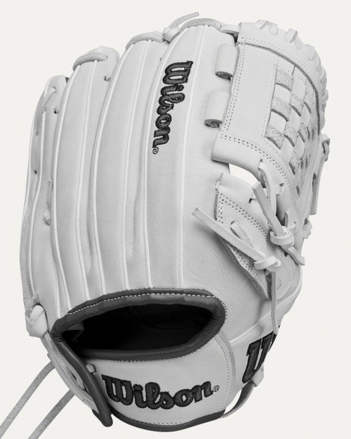 Vist Large View of Product Image Which is Used Wilson A1000 P12 RH Throw Fastpitch Gloves White 12"
