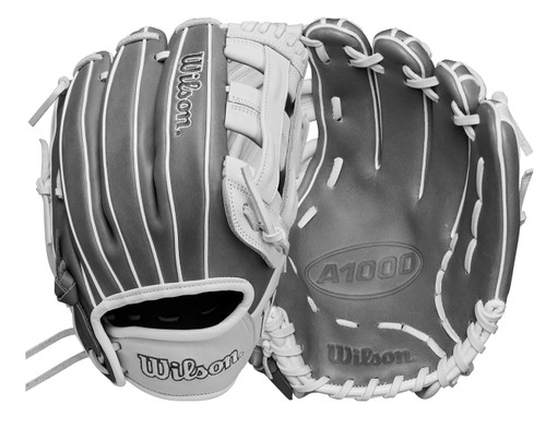 Vist Large View of Product Image Which is Used Wilson A1000 F12 RH Throw Fastpitch Gloves White And Grey 12"
