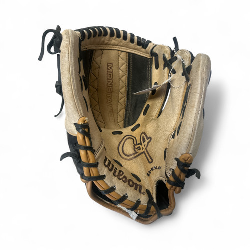 Vist Large View of Product Image Which is Used Wilson MONSTA WEB BB/SB Glove RH Throw Tan 11"