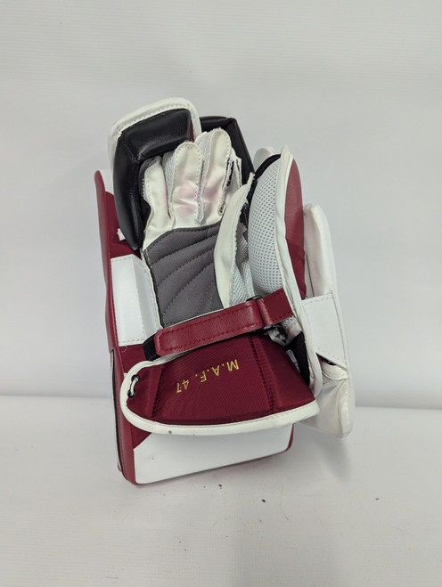 Vist Large View of Product Image Which is Used Vaughn VAUGHN SLR4 BLOCKER GLOVE Senior Goalie Blocker White And Red