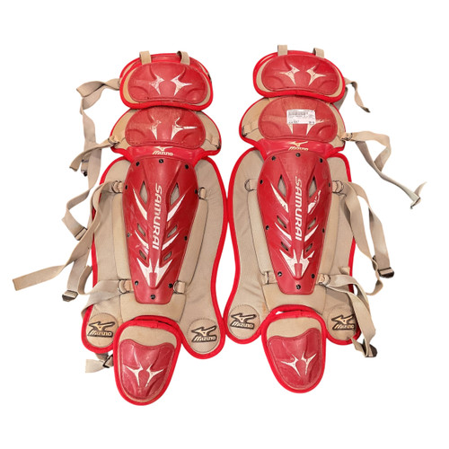 Vist Large View of Product Image Which is Used Mizuno SAMURAI 15.5 INCH Catchers Leg Guards Red Adult