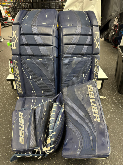 Vist Large View of Product Image Which is Used Bauer RX LE PADS/GLOVE/BLOCKER Goalie Leg Pads Senior Navy Blue 34"