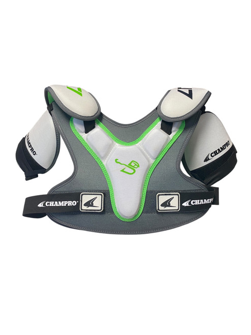 Vist Large View of Product Image Which is Used Champro CRX7 Lacrosse Shoulder Pads Black And Green LG