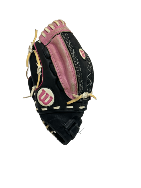 Vist Large View of Product Image Which is Used Wilson A440 10" LH Throw T-ball Glove Black And Pink