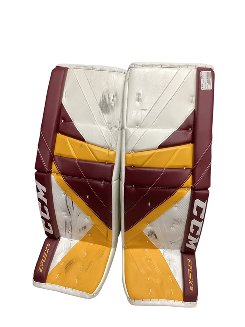 Vist Large View of Product Image Which is Used CCM EFLEX 5 Goalie Leg Pads Senior White And Maroon 36"
