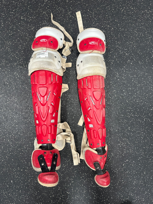 Vist Large View of Product Image Which is Used Rawlings VELO 2.0 LG Catchers Leg Guards Red Adult