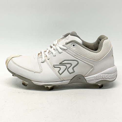 Vist Large View of Product Image Which is Used Ringor FLITE Pitching Metal Softball Cleats Grey And White Womens 9
