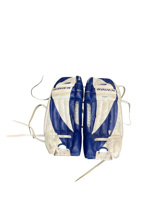 Vist Large View of Product Image Which is Used Bauer SUPREME JR Goalie Leg Pads Junior Navy And White 28"