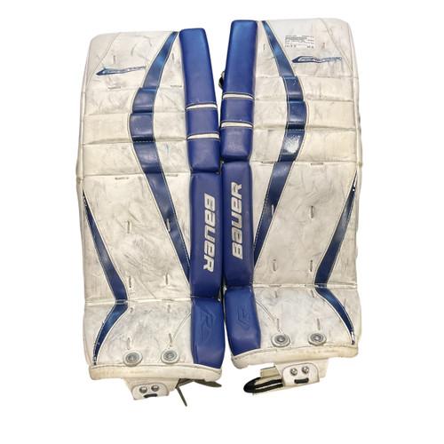 Vist Large View of Product Image Which is Used Bauer REACTOR 5000 Goalie Leg Pads Junior White And Royal Blue 26"