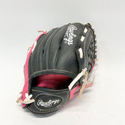 Vist Large View of Product Image Which is Used Rawlings PL91PB T-ball glove RH Throw Black And Pink 9"