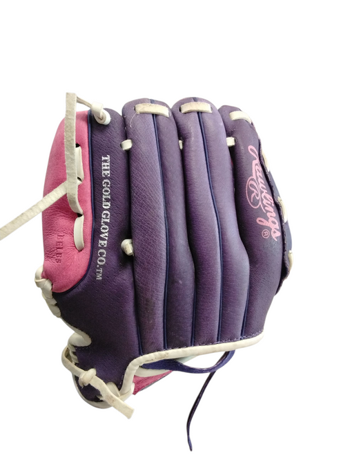 Vist Large View of Product Image Which is Used Rawlings HFP105GW RH Throw Fastpitch Gloves Purple 10"