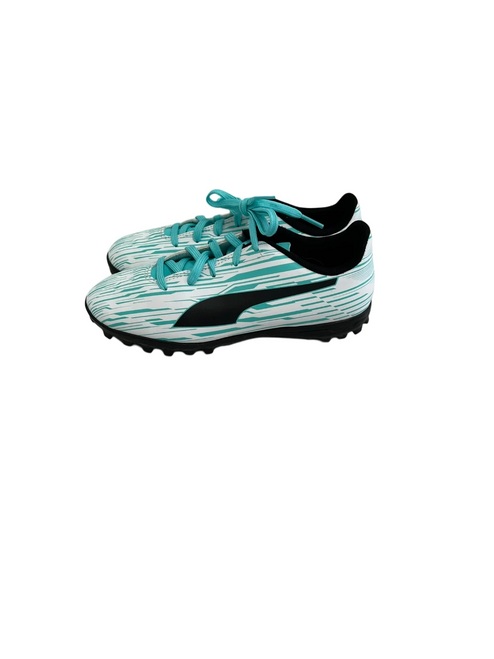 Vist Large View of Product Image Which is Used Puma Rapido 3 Jr 1.5 White and Carolina Blue Soccer Turf Shoes