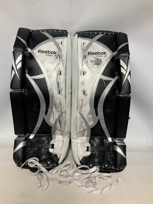 Vist Large View of Product Image Which is Used Reebok 7000 JR 24+1 Goalie Leg Pads Youth White And Black 24"