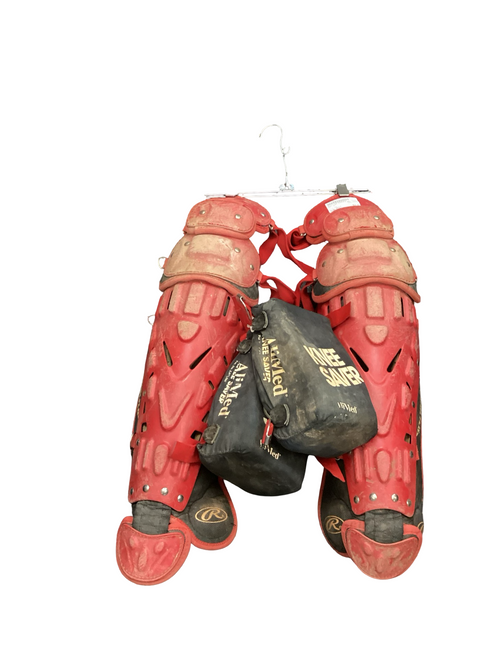 Vist Large View of Product Image Which is Used Rawlings COOLFLO Catchers Leg Guards Red Adult