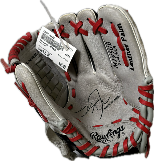 Vist Large View of Product Image Which is Used Rawlings MT95GB BB/SB Glove RH Throw Red And Grey 9 1/2"
