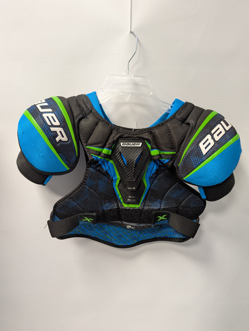 Vist Large View of Product Image Which is Used Bauer BAUER X JR SHOULDER Junior Shoulder Pads Neon Green And Royal Blue MD