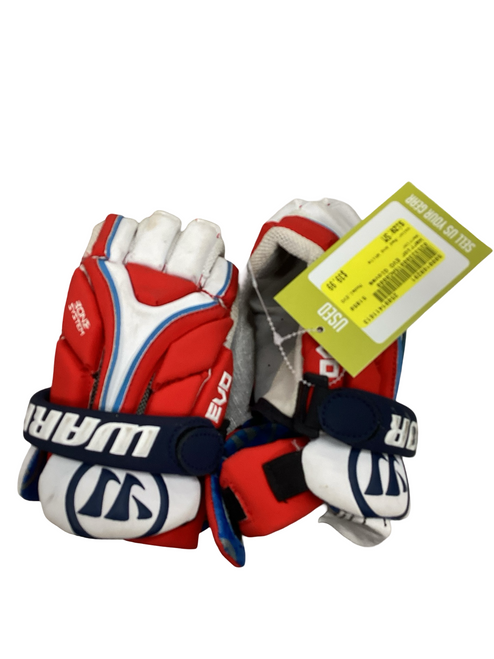 Vist Large View of Product Image Which is Used Warrior EVO Lacrosse Gloves Junior Red And White SM