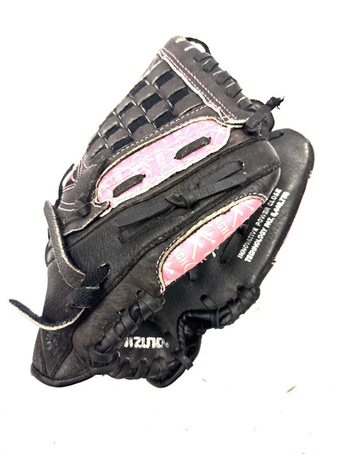 Vist Large View of Product Image Which is Used Mizuno FINCH RH Throw Fastpitch Gloves Black 10"