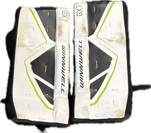 Vist Large View of Product Image Which is Used WinnWell GX7 Goalie Leg Pads Junior White And Black SM
