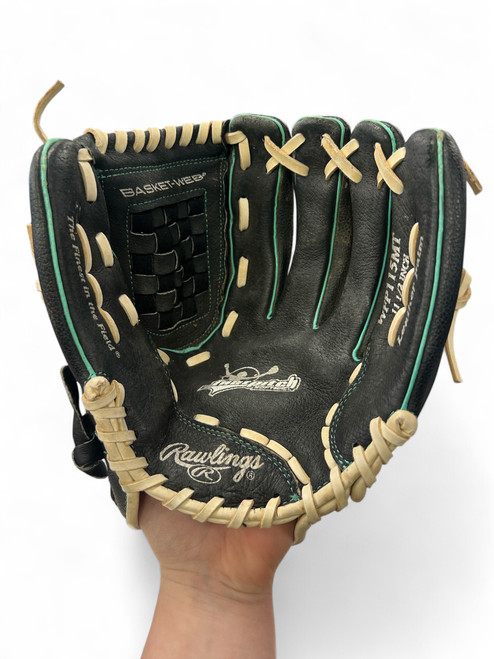Vist Large View of Product Image Which is Used Rawlings WFP115MT RH Throw Fastpitch Gloves Black And Tan 11 1/2"