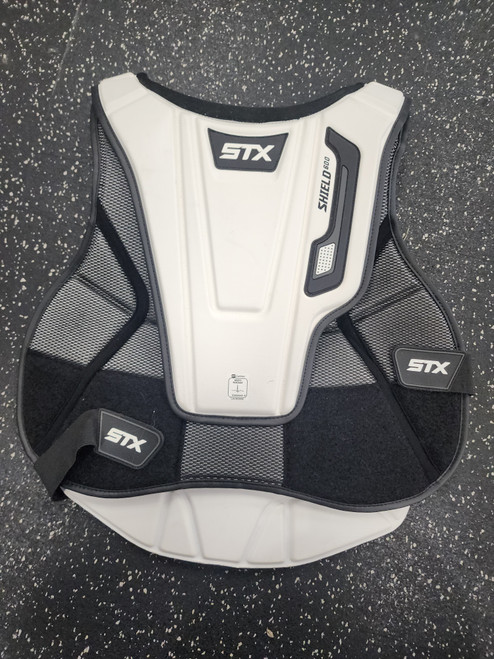 Used STX SHIELD 600 LAX Goalie Chest M White LG 11849-S000032010 Vist Large View of Product Image Which is Used STX SHIELD 600 LAX Goalie Chest M White LG