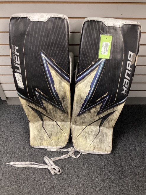Vist Large View of Product Image Which is Used Bauer SUPREME SUPER SONIC Goalie Leg Pads Senior White 34"
