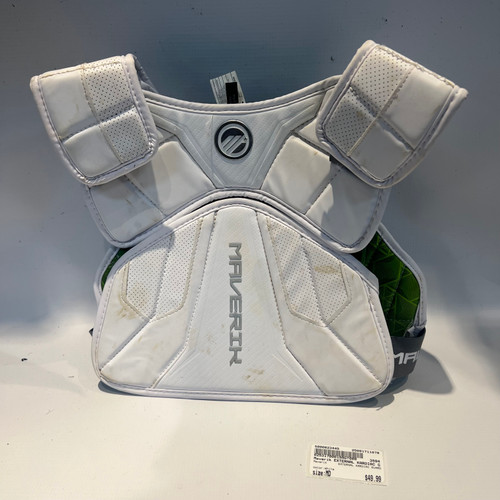 Vist Large View of Product Image Which is Used Maverik EXTERNAL KARDIAC GUARD Lacrosse Shoulder Pads White MD