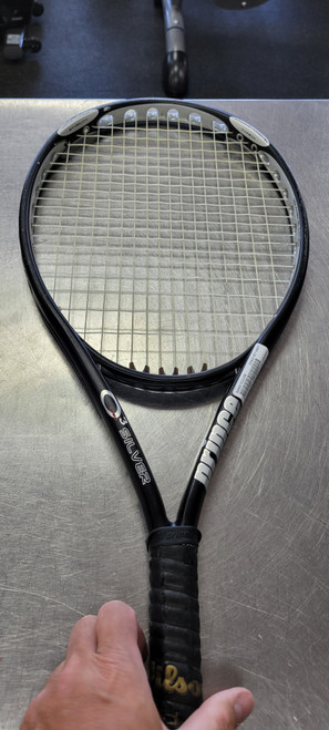 Vist Large View of Product Image Which is Used Prince O3 SILVER 118 Adult Tennis Racquet Black 4 3/8"