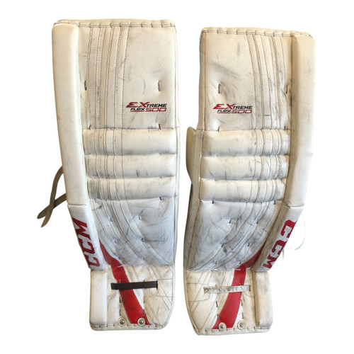 Vist Large View of Product Image Which is Used CCM EXTREME FLEX 500 Goalie Leg Pads Senior White 35" +2