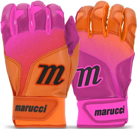 Vist Large View of Product Image Which is New Marucci PWR FADE BB/SB Batting Gloves Pink and Orange Adult SM