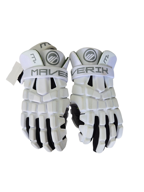 Vist Large View of Product Image Which is Used Maverik MX Lacrosse Gloves Mens White 13"