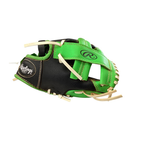 Vist Large View of Product Image Which is Used Rawlings PLAYER SERIES BB/SB Glove T-ball Black And Neon Green 9"