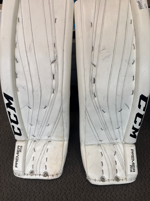Vist Large View of Product Image Which is Used CCM PREMIER R1.9 Goalie Leg Pads Senior White 34"