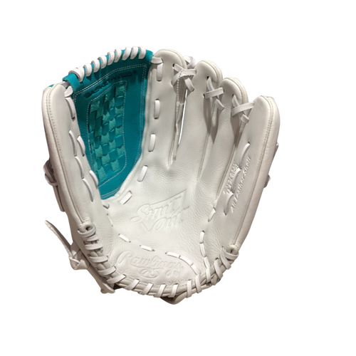 Vist Large View of Product Image Which is Used Rawlings SHUT OUT RH Throw Fastpitch Gloves Teal 12 1/2"