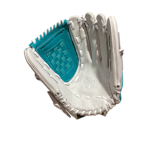 Vist Large View of Product Image Which is Used Rawlings SHUT OUT RH Throw Fastpitch Gloves Teal 12"