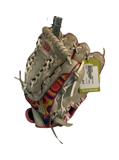 Vist Large View of Product Image Which is Used Wilson FLASH RH Throw Fastpitch Gloves Grey 12"