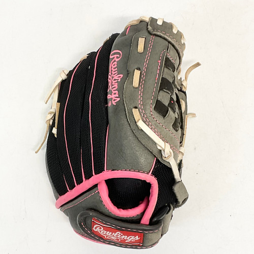 Vist Large View of Product Image Which is Used Rawlings STORM ST2000FPM RH Throw Fastpitch Gloves Black And Pink 10"