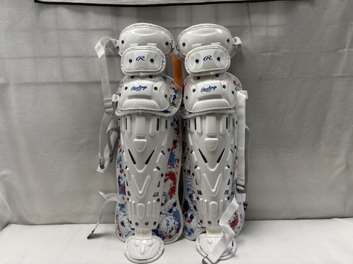 Vist Large View of Product Image Which is Used Rawlings MACH SPLATTER Catchers Leg Guards White Adult
