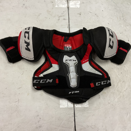 Vist Large View of Product Image Which is Used CCM JETSPEED FT485 Junior Shoulder Pads White/Black/Red SM