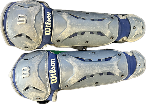 Vist Large View of Product Image Which is Used Wilson BL/GRY Catchers Leg Guards Grey Youth